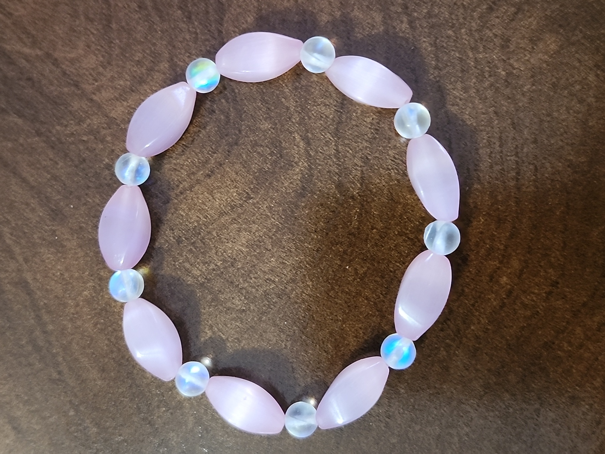 Handmade Pink Cat's Eye And Opalite Beaded Bracelet